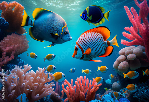 Corals and fish. Underwater world illustration. AI generative.
