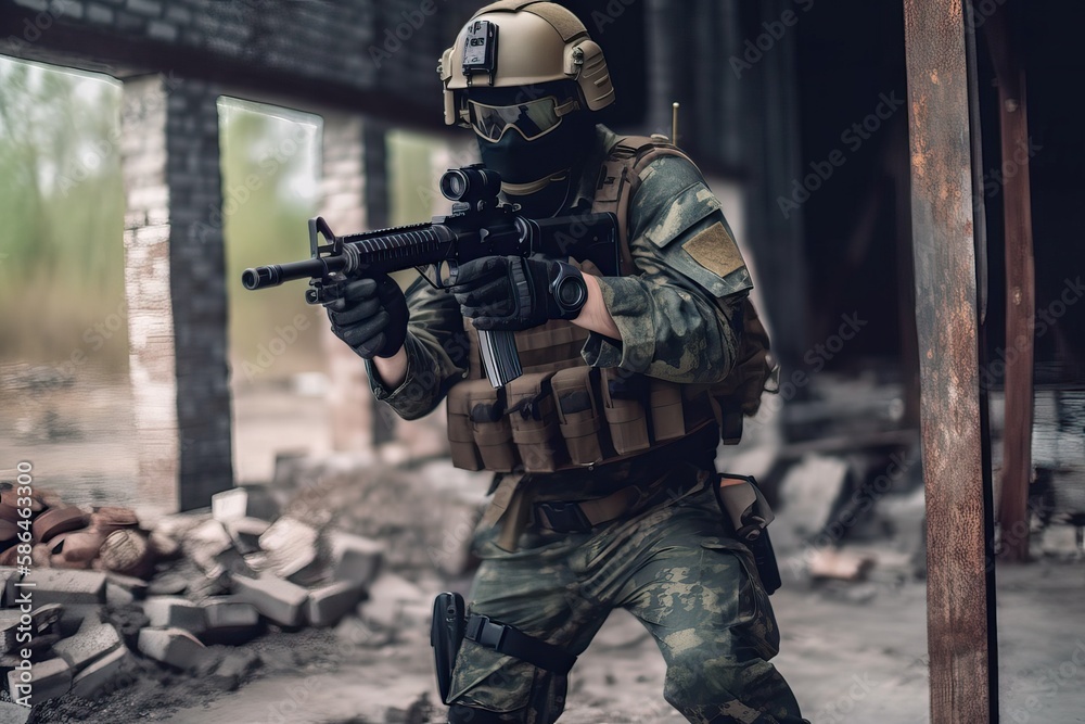 Fototapeta premium Special Forces Soldier in Combat Gear. Photo generative AI