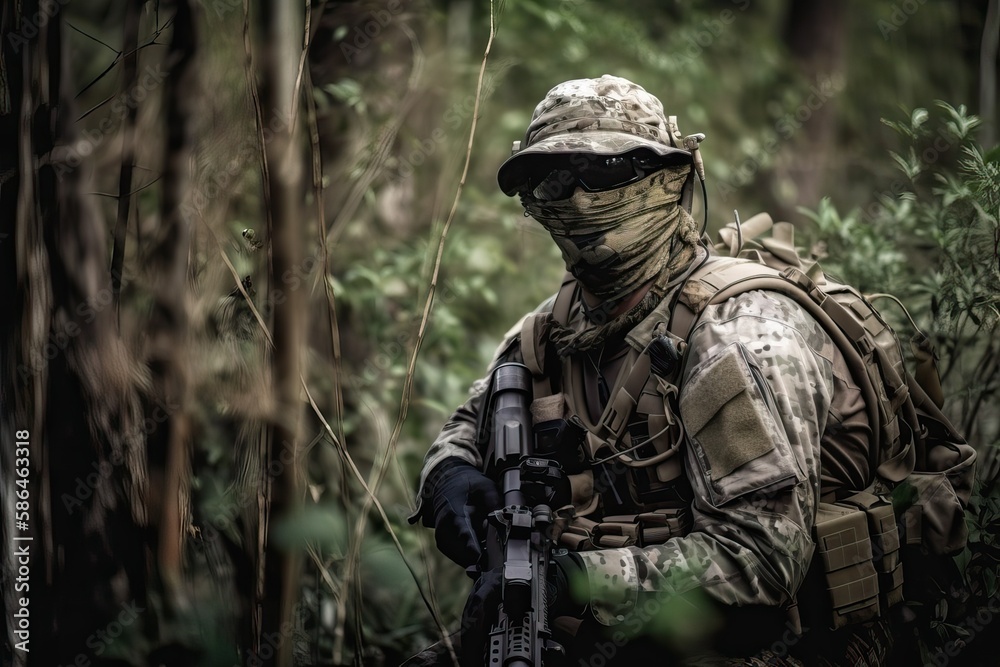 Military Soldier Camouflaged in Jungle Tactics. Photo generative AI