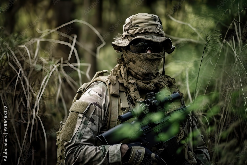 Military Soldier Camouflaged in Jungle Tactics. Photo generative AI