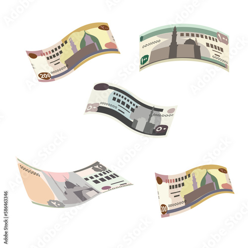 Egyptian Pound Vector Illustration. Egypt, Gaza Strip money set bundle banknotes. Falling, flying money 20, 50, 100, 200 EGP. Flat style. Isolated on white background. Simple minimal design.