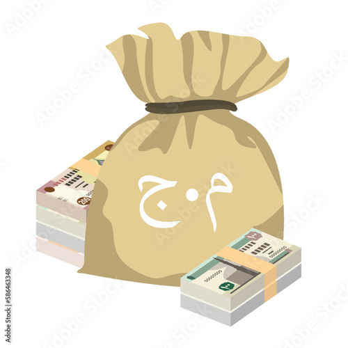Egyptian Pound Vector Illustration. Egypt, Gaza Strip money set bundle banknotes. Money bag 20, 50, 100, 200 EGP. Flat style. Isolated on white background. Simple minimal design.