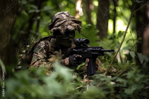 Jungle Sniper Tactical Hunting. Photo generative AI