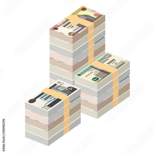 Egyptian Pound Vector Illustration. Egypt, Gaza Strip money set bundle banknotes. Paper money 20, 50, 100, 200 EGP. Flat style. Isolated on white background. Simple minimal design.