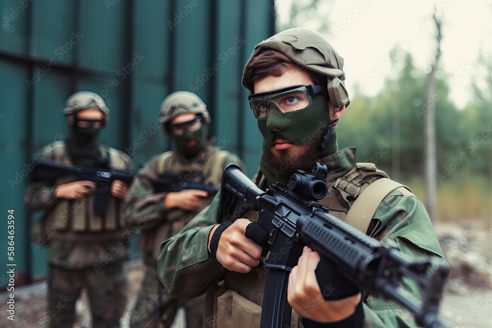 Airsoft: Mil. Spec. Forces w/Rifles Gameplay. Photo generative AI Airsoft: Mil. Spec. Forces w/Rifles Gameplay. Photo generative AI