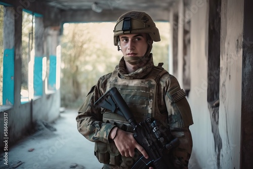 Soldier's portrait in deserted building. Photo generative AI © pixardi