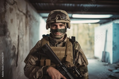 Soldier's portrait in deserted building. Photo generative AI