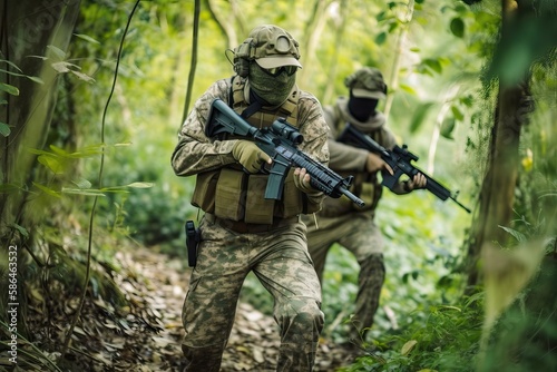 Tactical military airsoft in jungle. Photo generative AI © pixardi