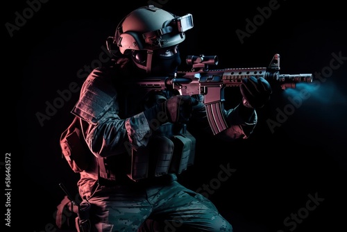 Soldier equipped with armor, helmet, goggles and rifle, attacking in kneeling pose. Photo generative AI