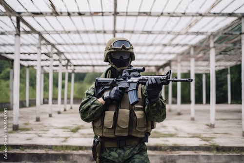 Soldier armed with machine gun. Photo generative AI