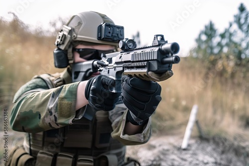 Soldier with gun. Photo generative AI