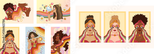 Groovy hippie girls portrait with rainbow glasses, 70s retro women face different skin color options, funny positive poster pre-made template, vector set