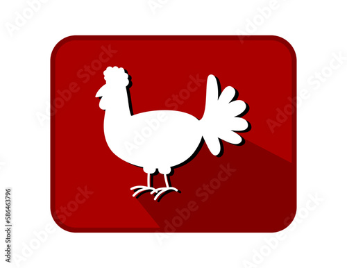 Illustration of red farm hen in rectangular panel with rounded edge