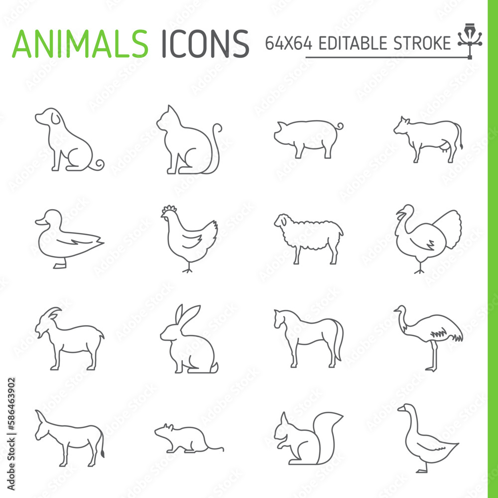 Animals line icon set, livestock vector collection, logo illustrations, zoo animal vector icons, outline style pictogram pack, editable stroke icons.