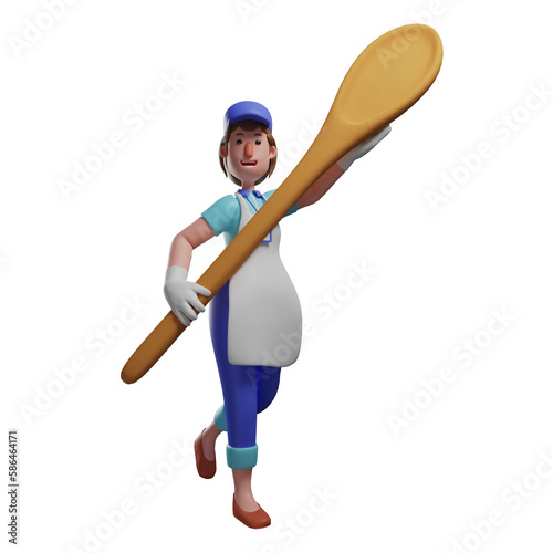Fotografija 3D Cartoon Waiter holding a spoon illustration, 3D character drawing of a waiter
