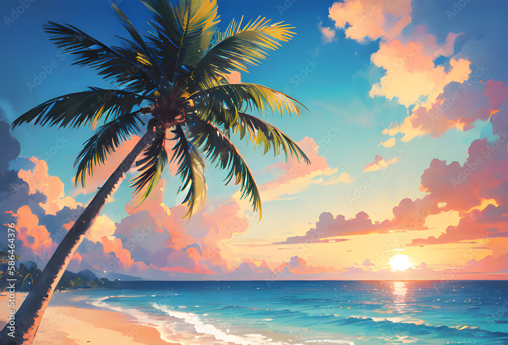 Fototapeta premium 夕暮れのヤシの木がある海の風景 南国 generative ai