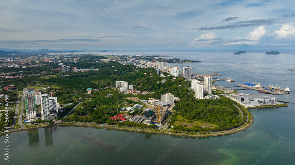 Aerial view of Kota Kinabalu city on the island of Borneo. Sabah, Malaysia.