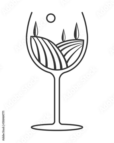 wine glass with wine. Glass with landscapes inside. Wine, grapes, winemaking. Vector illustration