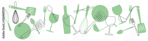 Set of  silhouettes kitchen tools fork spoon knife rolling pin ladle board for cutting culinary banner with place for your text vector illustration isolated on white background