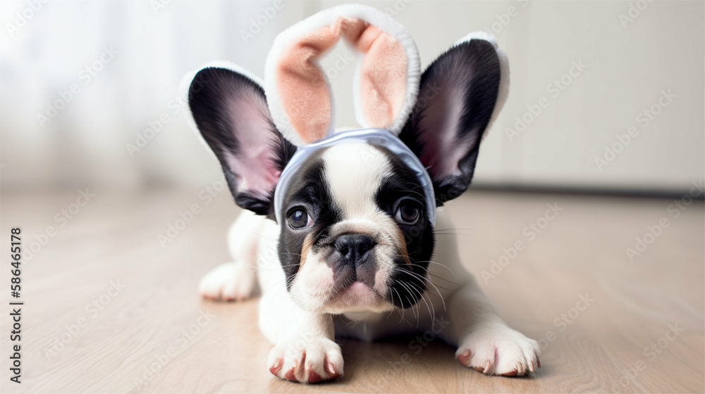 Cute bulldog / French bulldog puppy with bunny ears Easter costume 