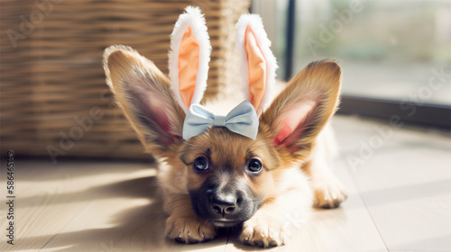 Cute baby puppy with Easter bunny ears easter costume Generative art © Boris