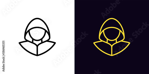 Outline hacker icon, with editable stroke. Hacker with hood, cyber criminal and thief pictogram. Theft personal data and fraud, cyber attack and crime, hacking social media account, scam.