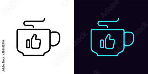 Outline coffee cup icon, with editable stroke. Mug with Like sign, coffee break. Favorite tea, best coffee with thumb up, hot drink cup with aroma, cappuccino, espresso, latte flavor.