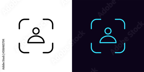 Outline ID scanner icon, with editable stroke. User identification system, person recognition pictogram. Personal verification, identity authorization, face scanner, biometric access.