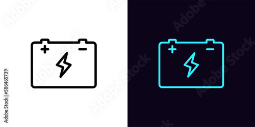 Outline car accumulator icon, with editable stroke. Car battery with lightning sign, electric accumulator pictogram. Vehicle battery, electric generator, charging station, auto service.