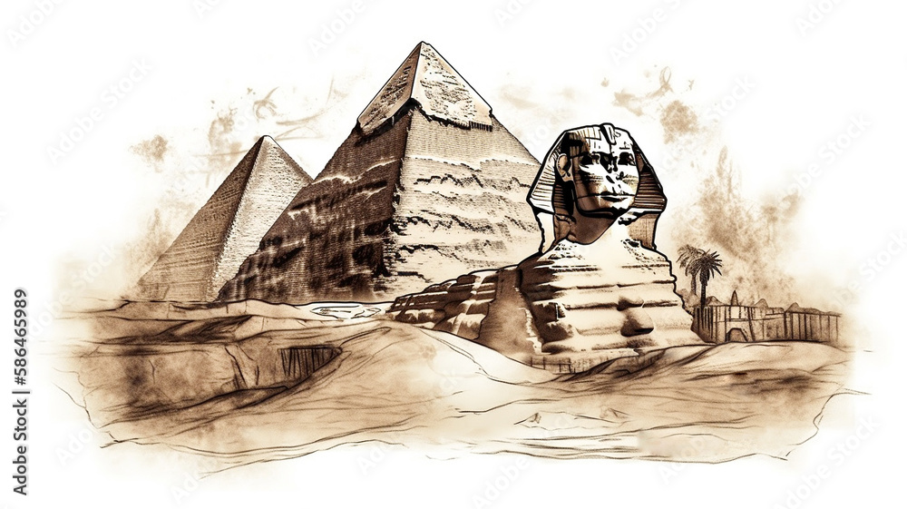 Great Sphinx of Giza and  Egyptian pyramids y ink technique isolated on white. AI generated illustration - obrazy, fototapety, plakaty 