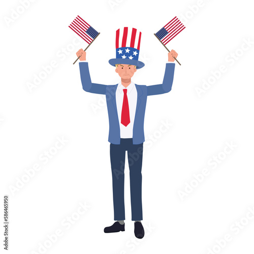 Independence day concept. A man in suit with american flag and hat is celebrating Fourth of July. Flat vector cartoon illustration © Thidarat