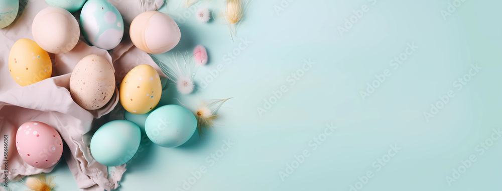 Top view of spring composition with eggs, Easter concept, created with Generative AI technology. Top view of spring composition with eggs, Easter concept, created with Generative AI technology.