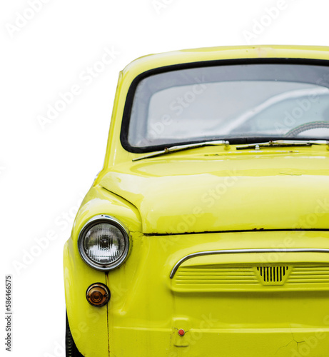 front view of a bright retro car on white background. vintage old car headlights
