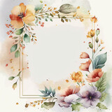Watercolor gorgeous vintage floral frame illustration, vibrant with branches filled with fresh blooms of orange, yellow, violet, and green leaves branches, multi-purpose.