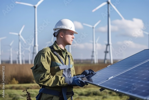 Men technicians installing photovoltaic solar moduls. Generative AI