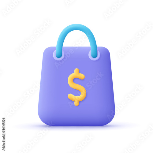 Shopping bag with dollar sign. Commerce and shopping concept. 3d vector icon. Cartoon minimal style.