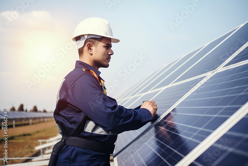 male engineer Work with solar panels and install solar panels. Generative AI