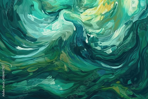 Green and Yellow Waves Paintin. Generative AI