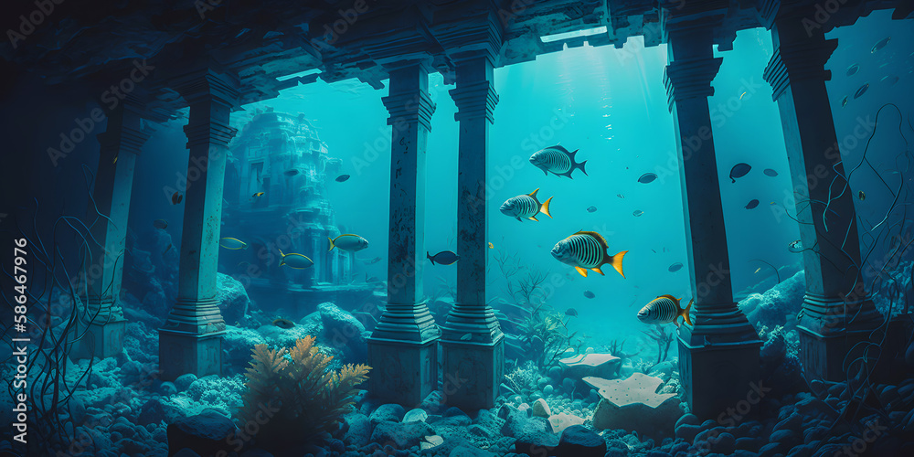 Ancient lost city of Atlantis underwater city of mythology with fish. Generation AI