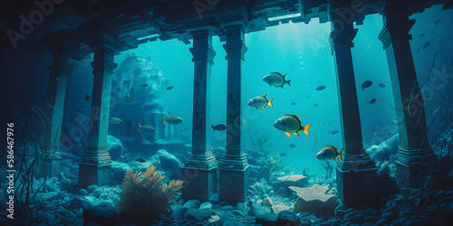 Ancient lost city of Atlantis underwater city of mythology with fish. Generation AI © Adin