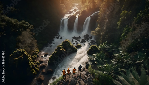 Group tourists of hiker sporty people walks in tropical waterfall at sunset with backpacks  aerial top view. Concept adventure with copy space. Generation AI.