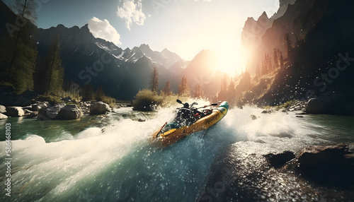 Back view man in kayak sails mountain river with sun light. Concept extreme sport rafting, whitewater kayaking. Generation AI