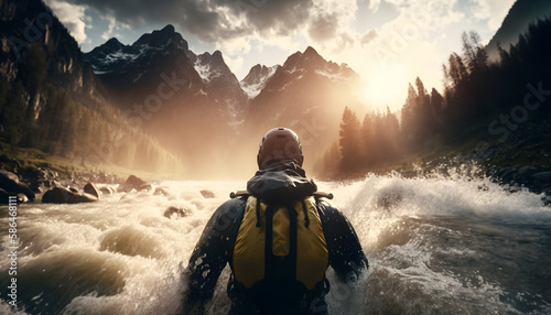 Extreme sport kayak sails mountain river with sun light. Concept rafting, whitewater kayaking. Generation AI