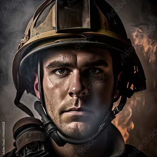 Portrait of a fireman putting out a fire. He is wearing an oxygen mask. © expressiovisual