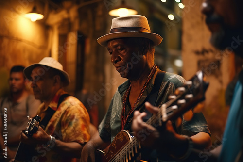 Salsa Nights with Musicians of the Street: A Journey Through the Vibrant Sounds of Havana Dancing to the Beat of Cuban Rumba and Music - AI Generative photo
