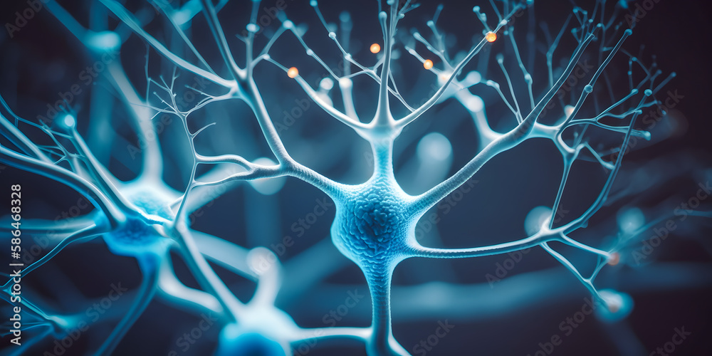 System neuron of brain with synapses, Nerve cell blue color banner ...