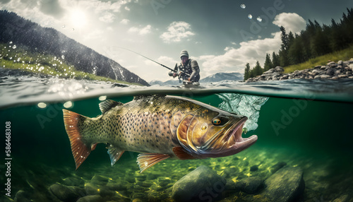 Photo Sport fishing man and Predatory fish salmon trout in habitat under water, action photo