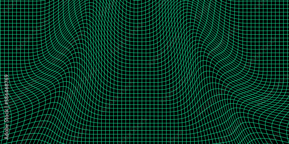 Abstract wavy green 3d mesh on a dark background. Geometric dynamic wave. 3D technology wireframe. Vector illustration.