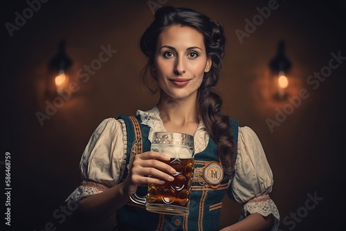 Oktoberfest Tradition. Waitress wearing traditional clothes and holding beers at the festival. German culture and celebration concept. AI Generative