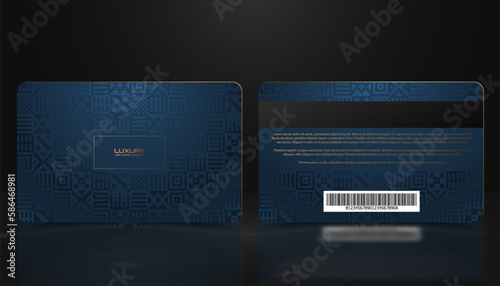 Vector template of membership or loyalty blue gold VIP card with luxury geometric ethno mexican pattern. Card design presentation. Premium member, gift plastic card, folk background